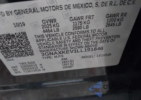 2020 Chevrolet Equinox Lt из США, поврежденный, VIN 3GNAXKEV1LL191846